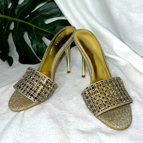 NEW Guess GWMABLY Gold Silver Jeweled stiletto mules slides heels sz 7 - Picture 1 of 4